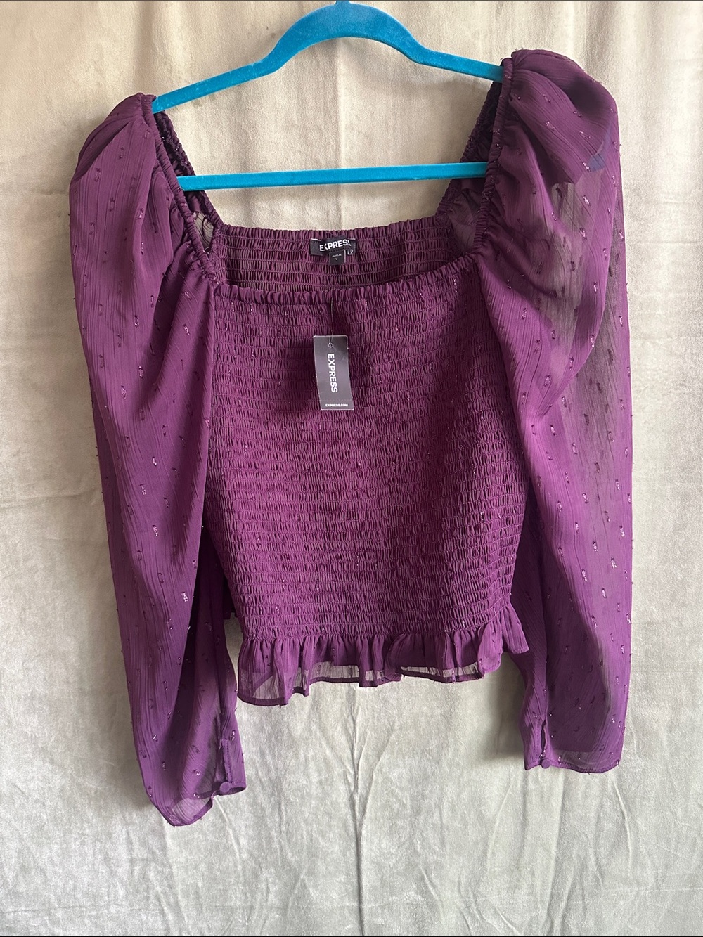 #989 Express Purple Smocked Puff-Sleeve Blouse with Sheer Sleeves